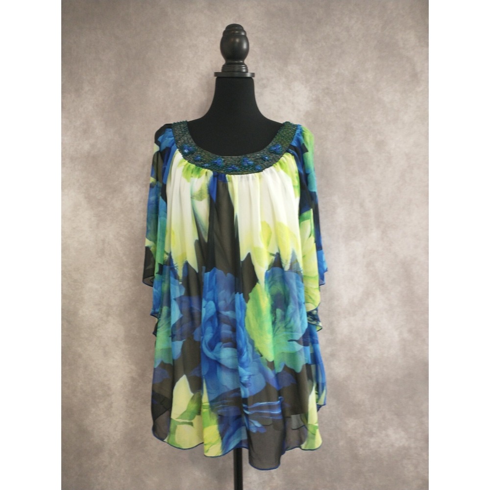Womens Plus‎ Size 18/20 Avenue Blouse Blue Floral Beaded Neck Flowy Bell Sleeves